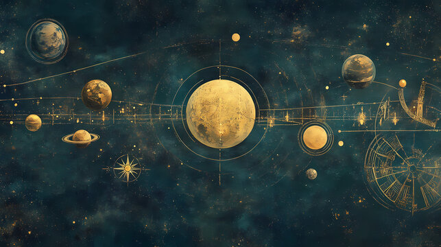 A celestial panorama where planets align to form a celestial map resembling religious signs found in ancient scriptures. Solar System Map. Illustration