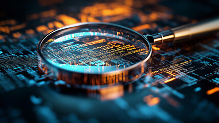 A detailed IT Security Risk Assessment concept depicted with a magnifying glass focused on a document within an abstract technological atmosphere, symbolizing scrutiny and protection.
