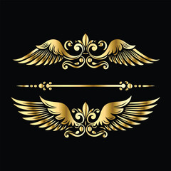 Obraz premium Royal Gold Wing Collection: Vintage Angel, Bird & Cupid Wing Icons in Decorative Black & Gold Frames, Perfect for Elegant Logos, Icon Sets, and Ornamental Designs 