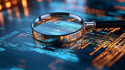 A detailed IT Security Risk Assessment concept depicted with a magnifying glass focused on a document within an abstract technological atmosphere, symbolizing scrutiny and protection.
