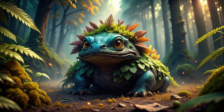 Realistic Venusaur creature in a forest setting, with dark teal and amber colors, Sony A7 IV , Venusaur, animal, forest
