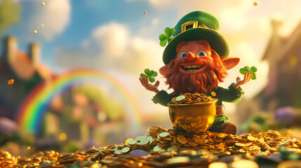 A cheerful leprechaun holding a pot of gold, standing on a pile of coins, with a rainbow in the background. Leprechaun Treasure. Illustration