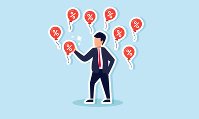 A businessman surrounded by discount balloons, holding one, illustration of awareness of price competition and discount promotions as a business strategy