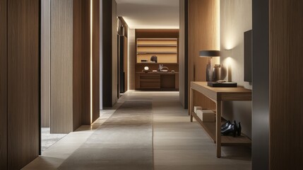Fototapeta premium A stylish entrance hallway with a wooden theme, featuring contemporary furniture, a sleek desk