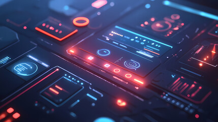 Obraz premium A close up shot of a smart home hub displaying various functions, showcasing the integration of different smart devices. Artificial Intelligence Hub. Illustration