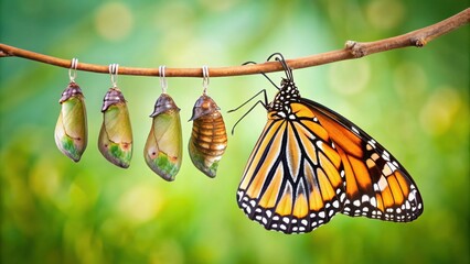 Butterfly coming out of chrysalis transformation , metamorphosis, growth, emergence, change, evolution, journey