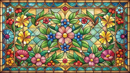 Colorful art deco style floral pattern with stained glass , flowers, leaves, art deco, trendy, print