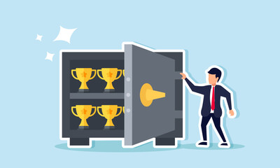 A businessman standing next to a safe filled with trophies, illustration of maintaining the title of best business