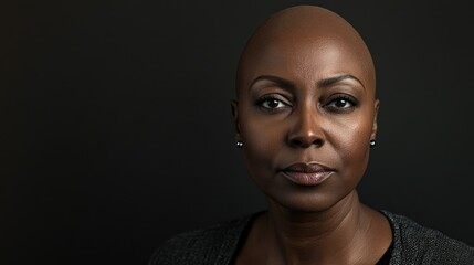 Portrait of a dark-skinned woman suffering from cancer after severe hair loss due to chemotherapy treatment