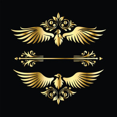 Fototapeta premium Elegant Gold Wing Frames: Vintage Angel & Cupid Silhouette Icon Collection 