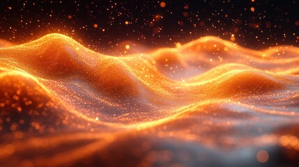 Abstract glowing waves with shimmering particles in warm hues.