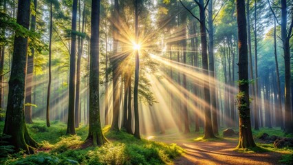 Fototapeta premium Sun rays filtering through the dense forest trees, creating a mystical and enchanting atmosphere in the woods, sunlight, trees