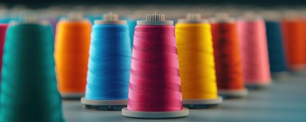 Colorful spools of thread displayed in a row, showcasing vibrant hues that are perfect for sewing and crafting projects.