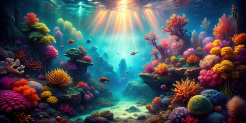 Naklejka premium Mystical underwater cellular landscapes with vibrant colors and patterns, underwater, cellular, microbiology, abstract