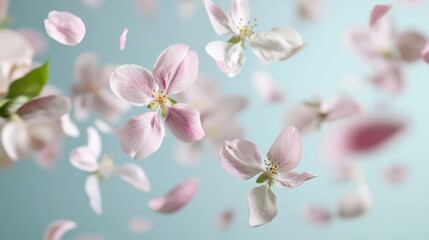 Obraz premium Blossoming apple petals flying through the air in a gentle spring breeze