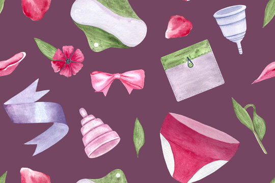 Reusable period pad, cups, pantie watercolor seamless pattern on purple background. Perfect for menstrual care design, advertisements, packaging, cards, banners. Hand drawn in pink, grey, green tones
