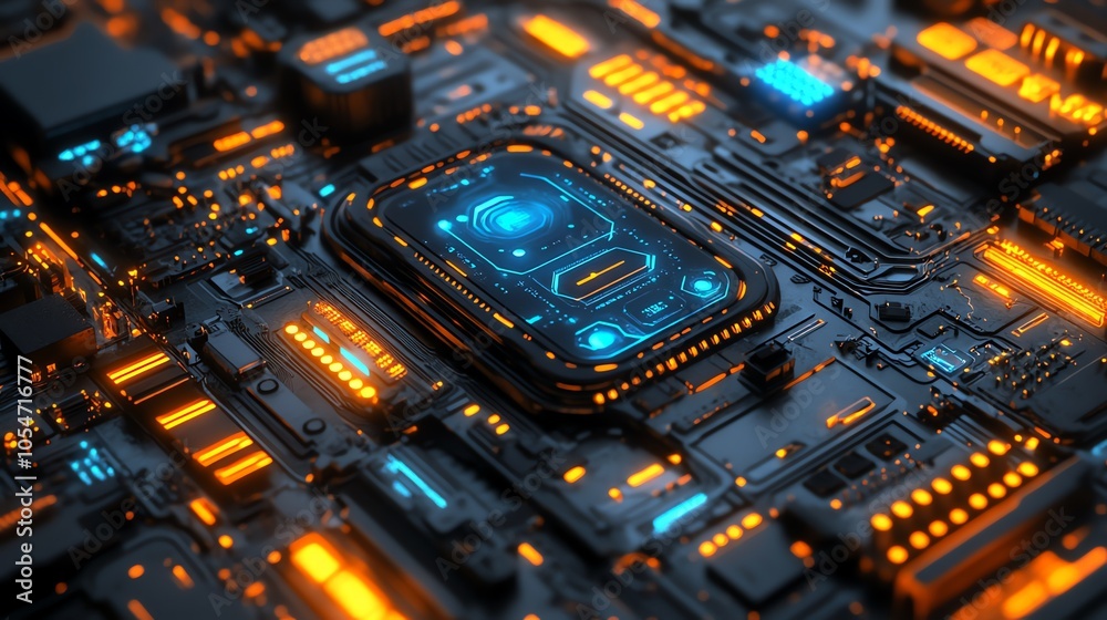 Aufkleber A close-up of a futuristic circuit board with a glowing blue processor in the center.