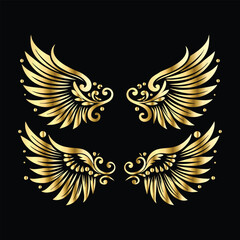 Obraz premium Royal Gold Wing Collection: Vintage Angel, Bird & Cupid Wing Icons in Decorative Black & Gold Frames, Perfect for Elegant Logos, Icon Sets, and Ornamental Designs 