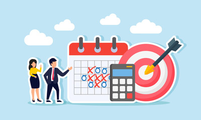 A business people standing next to a schedule calendar, target board, and calculator, illustration of explain time schedule and evaluation to business targets and calculations