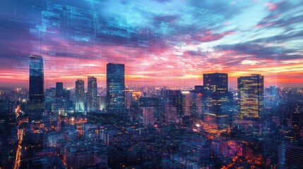 Obraz premium City skyline at twilight with an overlay of Generative AI patterns, creating a digital aura