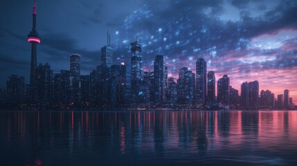 Fototapeta premium City skyline at twilight with an overlay of Generative AI patterns, creating a digital aura