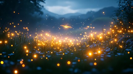 Naklejka premium A field of glowing fireflies in a magical forest at dusk.