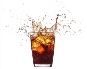 A glass of cola with ice cubes splashing and creating a fountain of liquid.