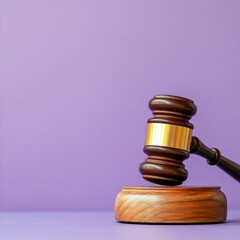 A wooden gavel resting on a circular base against a purple background.