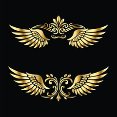 Obraz premium Royal Gold Wing Collection: Vintage Angel, Bird & Cupid Wing Icons in Decorative Black & Gold Frames, Perfect for Elegant Logos, Icon Sets, and Ornamental Designs 
