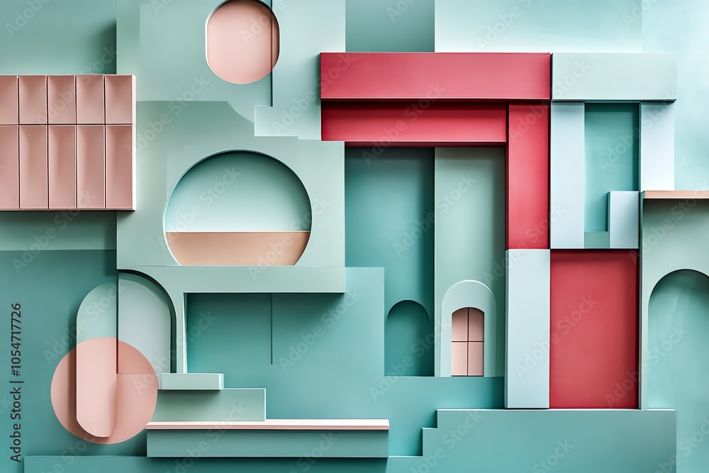 Poster abstract geometric shapes in pastel colors create a modern and stylish design on a wall.