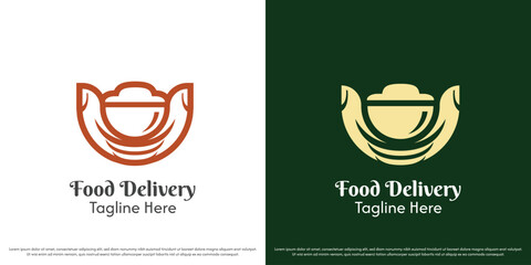 Hand carrying food logo design illustration. Silhouette of bowl shape delivery courier food aroma soup herbal hot cafe restaurant stall container. Abstract minimalist flat simple icon symbol.