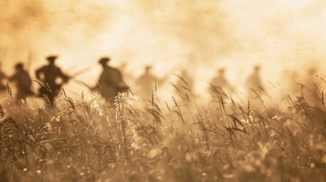 Hazy image of Revolutionary War soldiers charging through a field in reenactment.