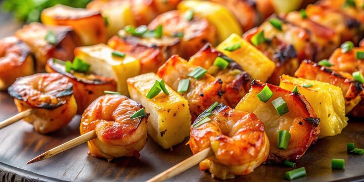 Close up of kebab skewers of barbecued shrimp with pineapple chunks , food, grilled, skewers, barbecue, shrimp