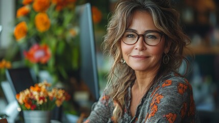 Middle-aged Hispanic woman managing her online business at a cozy workspace surrounded by flowers