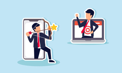 A businessman inside a phone aiming a star arrow at another businessman inside a laptop, illustration of targeting a high business rating