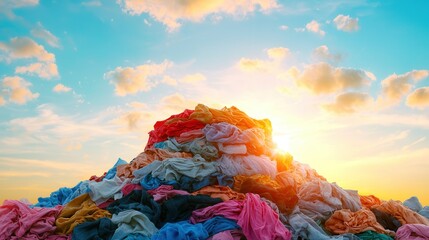 A vibrant sunset illuminates a towering mound of discarded clothing, highlighting issues of waste and sustainability in the fashion industry.
