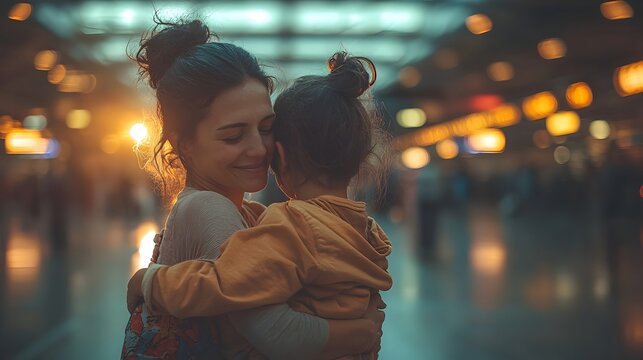 Heartfelt Family Reunion Embracing at Airport Terminal Symbolizing the Resilience and Emotional Experiences of Migrants Reuniting After a Journey