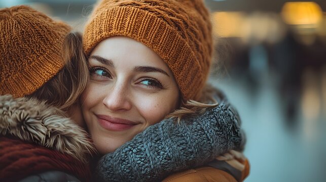 Heartwarming image capturing the emotional reunion of family members at an airport symbolizing the resilience and solidarity of migrants navigating the challenges of displacement and relocation - Powered by Adobe
