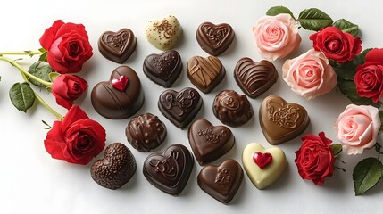 Elegant arrangement of heart shaped chocolates and red roses against a white background celebrating the romantic sentiment of Valentine s Day with a touch of luxury and indulgence