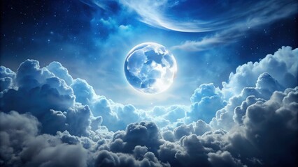 Obraz premium Majestic full moon shining through fluffy clouds at night, moon, clouds, night, sky, celestial, stars, beauty, nature