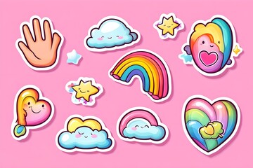 Happy Pride LGBTQ element set. LGBTQ community symbols with star, speech bubbles, flower, heart. Elements illustrated for pride month, bisexual, transgender, gender equality, sticker, rights concept.