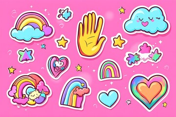 Obraz premium Happy Pride LGBTQ element set. LGBTQ community symbols with star, speech bubbles, flower, heart. Elements illustrated for pride month, bisexual, transgender, gender equality, sticker, rights concept.
