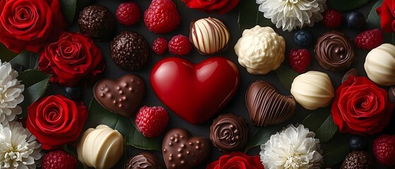 Fototapeta premium Exquisite close up of assorted chocolate hearts artfully arranged with a stunning display of red roses and white lilies creating a luxurious and romantic atmosphere