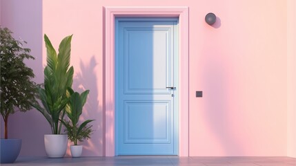 Smart home automation in daily life, front door with smart doorbell and motion-sensing light, soft pastel design emphasizing simplicity and technology 