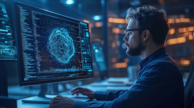 Developer focusing on deep learning processes for autonomous systems, in a modern