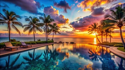 Vibrant sunset over a serene pool with palm trees and ocean view, sunset, vibrant, serene, pool, palm trees, ocean