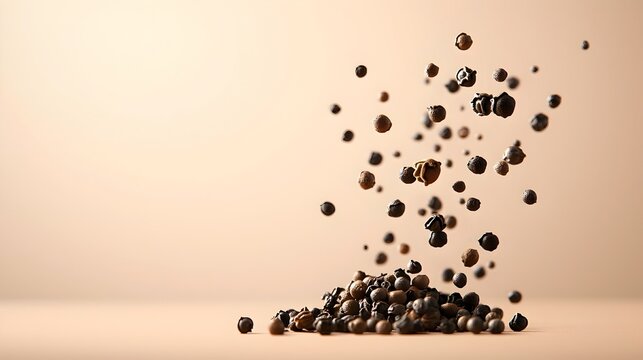 Exquisite black peppercorns with a captivating piperine aura against a soft beige background showcasing the alluring essence of this premium culinary spice