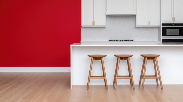 Modern kitchen interior with vibrant red accent wall, white cabinetry, and three wooden bar stools at sleek white countertop. space is bright and minimalistic, creating warm atmosphere