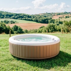 A hot tub placed on grass with a scenic landscape in the background.