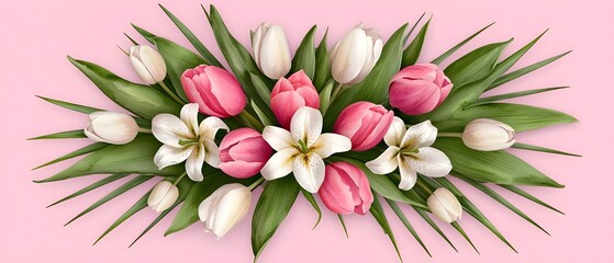 Delicate and Romantic Watercolor Painting of a Bouquet Featuring Pink Tulips and White Lilies with Fresh Green Leaves on a Pale Pink Background Perfect for Valentine s Day Cards and Invitations